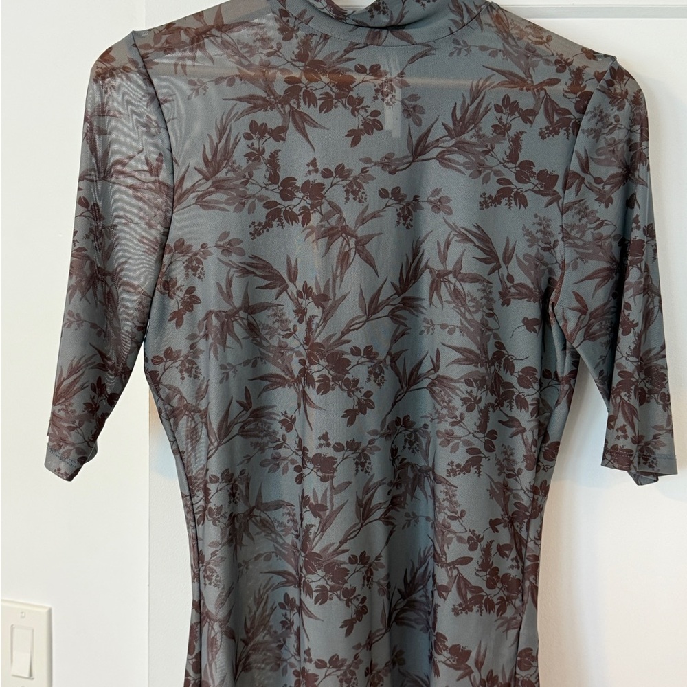 Anthropologie Floral Patterned Sheer Top - M - taupe and green